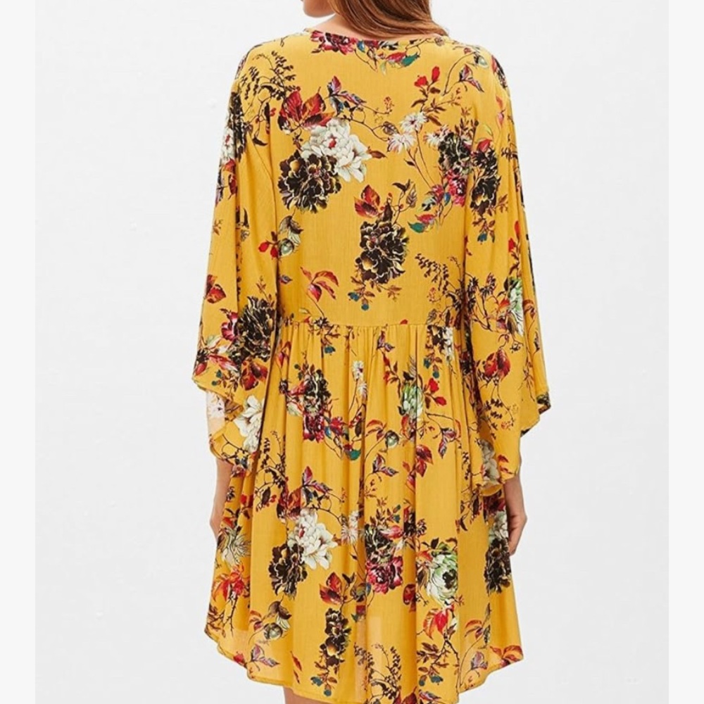 Floral Yellow Dress with Lace-Up Front - Picture 3 of 10